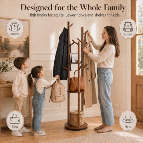 Solid Wood Rotating Coat Rack Freestanding, 360° Coat Tree with 3 Shelves & 9 Hooks, Heavy Duty Rubberwood Coat Hanger Stand, Hat Rack Hall Tree for Entryway Bedroom Office Hallway, Walnut