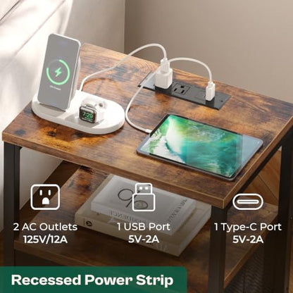 Huuger Nightstand with Charging Station, Side Table with Fabric Drawers, End Table with Open Shelf, Bedside Table with USB Ports and Outlets, Night Stand for Bedroom, Rustic Brown and Black | End Table with Open Shelf, Bedside Table with USB Ports and Out