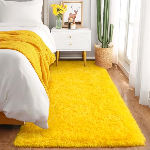 Soft Runner Rug for Bedroom Hallways, Yellow 2x6 Area Rugs for Living Room | Modern Shaggy Carpets Fuzzy Indoor Floor Rug for Boys Girls Dorm Teens Home Decor Aesthetic, Upgrade Non-Slip Durable - color: Yellow, size: 2' x 6' (Rectangular)