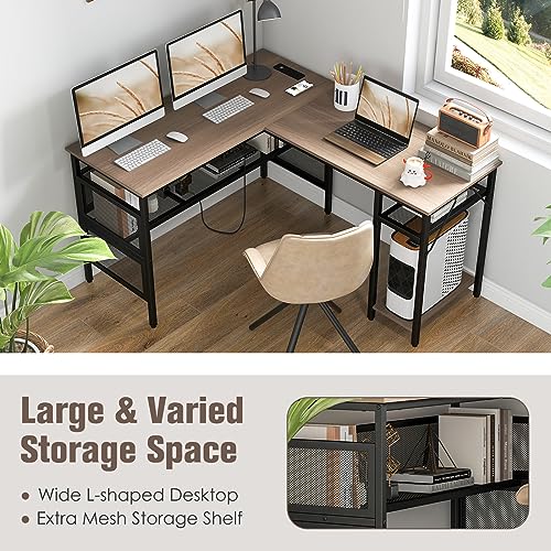 COSTWAY L Shaped Desk with Charging Station, 55” Reversible Corner Computer Desk with Mesh Storage Shelves, CPU Stand, 2 Person Gaming Desk Computer Workstation for Home Office | with Mesh Storage Shelves, CPU Stand, 2 Person Gaming Desk Computer Workstat