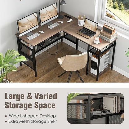 COSTWAY L Shaped Desk with Charging Station, 55” Reversible Corner Computer Desk with Mesh Storage Shelves, CPU Stand, 2 Person Gaming Desk Computer Workstation for Home Office | with Mesh Storage Shelves, CPU Stand, 2 Person Gaming Desk Computer Workstat