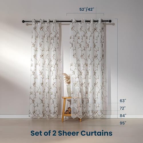 SLEEP ZONE Sheer Curtains for Living Room and Bedroom, Embroidered Sheer Curtains White Sheer Curtain 42 × 63 inch Length of 2 Panels, Off-White Floral Leaf - color: White Floral Leaf, size: 42"W×63"L