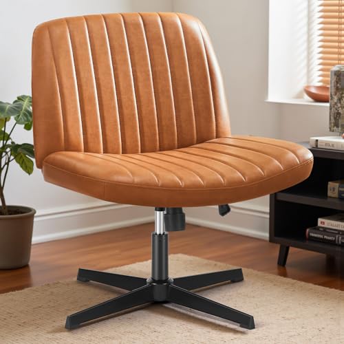 DUMOS Criss Cross Chair No Wheels, Wide Seat Cross Legged Office Desk Vanity Chair, Faux Leather Armless Height Adjustable Swivel Task Computer Chairs for Home, Study, Brown PU - color: Brown Pu
