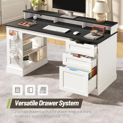 55-Inch Farmhouse Executive Desk with 2 Drawers and File Cabinet, Computer Desk with 3-Tier Storage Shelves, Home Office Desk with Charging Station, Pegboard and Monitor Shelf, White and Black - color: White and Black