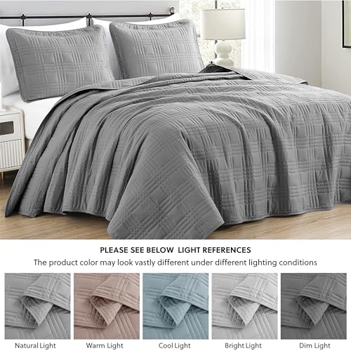 Chezmoi Collection Kingston Queen Size Bedspread Set, 3-Piece Gray Oversized Quilted Microfiber Lightweight Bedspread Coverlet (100"x106") for All Seasons - color: Gray, size: Queen
