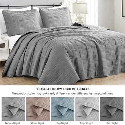 Chezmoi Collection Kingston Queen Size Bedspread Set, 3-Piece Gray Oversized Quilted Microfiber Lightweight Bedspread Coverlet (100"x106") for All Seasons - color: Gray, size: Queen