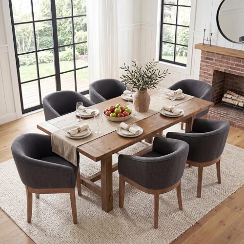 HNY Barrel Dining Chairs Set of 6, Mid Century Modern Upholstered Dining Chairs with Arms, Linen Kitchen & Dining Room Chairs, Solid Wood Frame Accent Chairs for Kitchen, Apartment, Charcoal Black - color: Charcoal,natural Lges, size: 6 Chairs