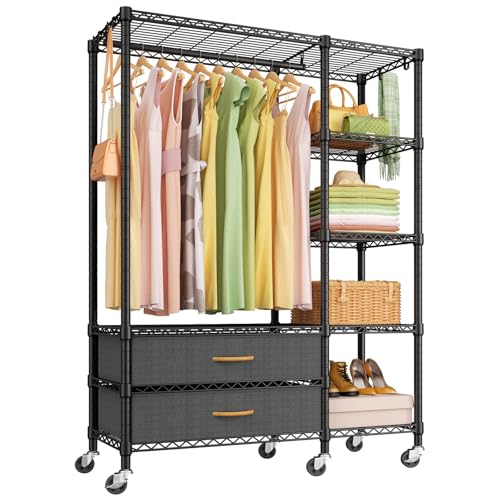 F3R Heavy Duty Clothes Rack（With Lockable Wheels）Freestanding Clothing Racks for Hanging Clothes，Adjustable Closet Organizer System，Portable Garment Rack 40"W x 15"D x 74"H，Max Load 700LBS，Black - color: Black, style: Rolling