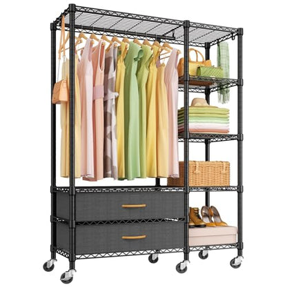 F3R Heavy Duty Clothes Rack（With Lockable Wheels）Freestanding Clothing Racks for Hanging Clothes，Adjustable Closet Organizer System，Portable Garment Rack 40"W x 15"D x 74"H，Max Load 700LBS，Black - color: Black, style: Rolling