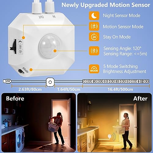 Under Bed Lights Motion Sensor LED Strip Stair Night Lighting Indoor 16.4ft | 3000K Warm White Dimmable Motion Activated LED Strip Lights,Auto On/Off,USB Powered for Bedroom Under Cabinet Kitchen Hallway - size: 16.4ft-One Motion Sensor