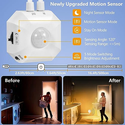 Under Bed Lights Motion Sensor LED Strip Stair Night Lighting Indoor 16.4ft | 3000K Warm White Dimmable Motion Activated LED Strip Lights,Auto On/Off,USB Powered for Bedroom Under Cabinet Kitchen Hallway - size: 16.4ft-One Motion Sensor
