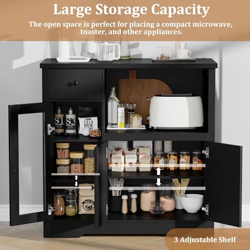 GarveeHome Kitchen Microwave Cabinet with Storage and Drawers, Black | Modern Small Buffet Cabinet, Glass Doors, Adjustable Shelf, Wooden Sideboard, Wide Top, for Dining Room, Living Room - color: Black