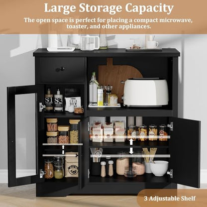 GarveeHome Kitchen Microwave Cabinet with Storage and Drawers, Black | Modern Small Buffet Cabinet, Glass Doors, Adjustable Shelf, Wooden Sideboard, Wide Top, for Dining Room, Living Room - color: Black