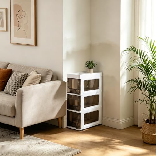 3 Drawer Storage Organizer, Narrow Slim Plastic Storage Drawer Cart with 4 Wheels, 3 Tier Space Saving Storage Tower Box, Narrow Storage Cart for Small Space Bedroom Bathroom Kitchen Pantry Office