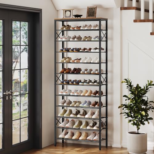 12 Tier Shoe Rack, Large Capacity Shoe Storage Organizer Holds 48 Pairs, Sturdy and Stable, for Entryway, Hallway, Closet, Dorm Room, Rustic Brown SS12BR - color: Rustic Brown + Black, size: 27.8" x 10.8" x 79.3"