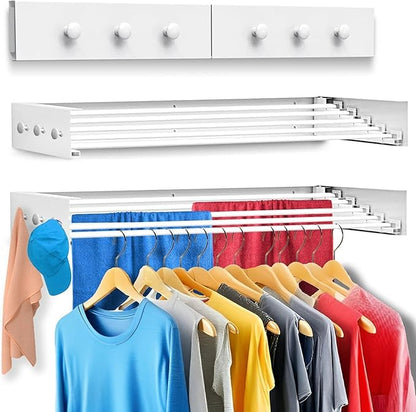 Wall Mounted Drying Racks for Laundry (31.5 Inches Wide) – Retractable Clothes Drying Rack Wall Mounted with Carbon Steel Panel 6 Knobs & 5 Aluminium rods, Wall Drying Rack with Screws (White) - color: White