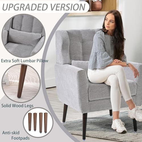 Modern Accent Chair, Upholstered Armchair with Pillow, Fabric Single Sofa Chair with Lounge Seat Solid Wood Legs Accent Chair for Living Room Bedroom Small Spaces (Grey) - color: Grey, size: Set of 1
