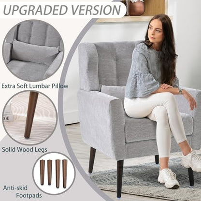 Accent Chair Set of 2, Upholstered Armchair with Pillow, Fabric Single Sofa Chair with Lounge Seat and Wood Legs Accent Chair for Living Room Small Spaces (Grey, Set of 2) - color: Grey, size: Set of 2