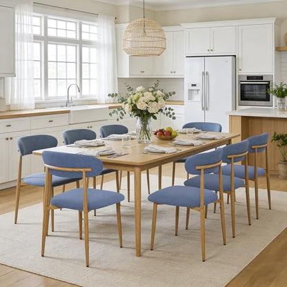 FREKEN Modern Upholstered Dining Chairs Set of 8, Mid-Century Metal Frame with Wood Grain, Linen Fabric Side Chair for Kitchen Dining Room, 350lbs Capacity, Blue - color: Blue - Wood Grain Legs, size: Set of 8