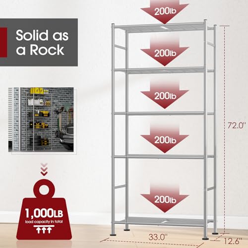 Sakugi Storage Shelves - 5 Tier Shelf Organizer, Heavy Duty Garage Shelving Unit with Leveling Feet, Stable Metal Shelves Organizer for Pantry, Kitchen and Closet, 33.0" W x 12.6" D x 72.0" H, Silver - color: Silver, size: 33.0W×12.6D×72.0H(5T)