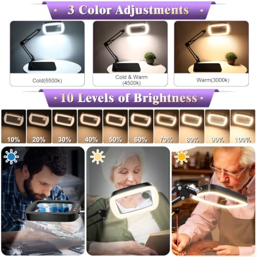 10X 30X Magnifying Glass with Light and Stand,Large Desk Lamp Magnifiers | Large Crystal-clear Magnifies,3 Color Modes&10 Brightness Levels for Reading,Crafting,Repair,flexible Arm,Large Stable Base
