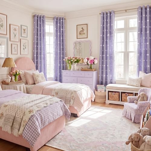 NICETOWN Lavender Purple Pom Pom Curtains, Room Darkening Double Layer Sheer Drapes for Girls Bedroom, Thermal Insulated Window Treatments, W52 x L96, 2 Panels - color: Lavender Purple, size: 52"W x 96"L (Pack of 2)