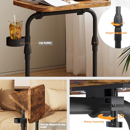 TUTOTAK C Shaped End Table with Tiltable Surface, Set of 2, Adjustable Height Side Table, Slide Under Couch Table TV Tray for Eating, Sofa Tray for Livingroom, Bedroom Brown TB01BB0912 - color: Brown