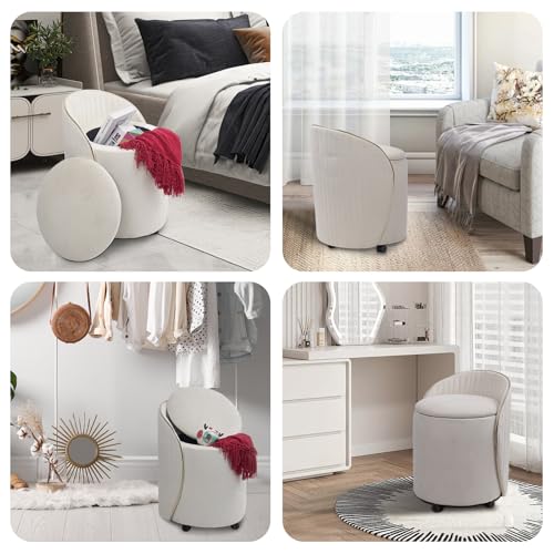 Round Storage Ottoman, Upholstered Velvet Vanity Stool with Lumbar Support, Swivel Rolling Wheels, Small Foot Stools Coffee Table Padded Seat for Makeup Room, Living Room, Bedroom Beige - color: Beige