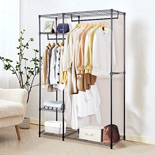 4 Shelves Garment Rack Heavy Duty Clothes Rack Portable Wire Shelving Clothing Racks with 3 Hanging Rod Freestanding Closet Metal Storage Rack Armoire Wardrobe Closet, Max Load 396.9LBS, Black