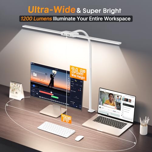 Syrinx LED Desk Lamp, Double Head Gooseneck Desk Lamps for Home Office with Gesture Switch & Wired Control, 12W Bright Modern Desk Light Eye-Caring Office Desk Lamp with Clamp for Crafting Reading