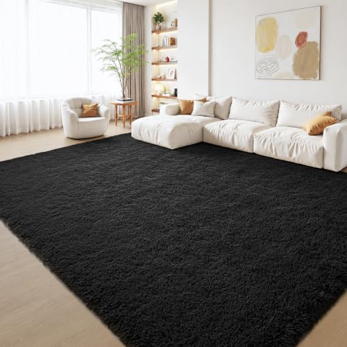 Zentavio 8x10 Black Area Rugs for Living Room Clearance Bedroom Large Men Room Carpet Fluffy Furry Shag Aesthetic Plush High Pile Floor Rug for Nursery Kids Room Dorm Home Decor - color: Black, size: 8' x 10' (Rectangular)