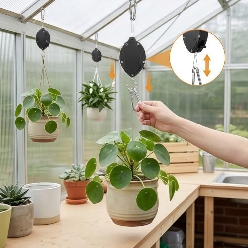 Retractable Plant Hanger, Plant Pulleys for Hanging Plants Heavy Duty | Pull Down, Adjustable, Upgraded, to Raise and Lower, Outdoor, Garden, Baskets, Pots, Birds Feeder
