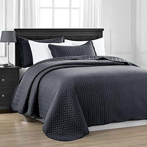 MOONLIGHT20015 Twin Quilt Set (66" x 86") with 1 Pillow Sham (20" x 26"+2") for All Season - 2 Pcs Reversible Bedding Set Lightweight Microfiber Coverlet Embossed Pattern Quilted Bedspread (Charcoal) - color: Charcoal/Dark Grey, size: Twin
