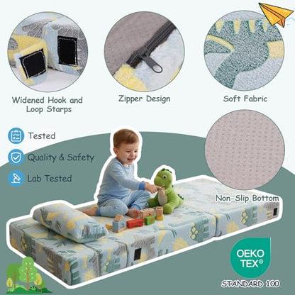 Kids Floor Sofa, Child Fold Up Sofa Couch Convertible Futon Folding Chair with Storage Bag for Kids, Green Dinosaur - color: Green Dinosaur