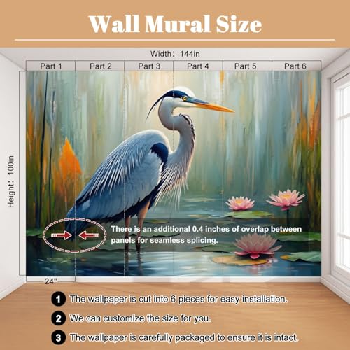 Wall Mural Abstract Blue Heron Wild Bird Vintage Wildlife Sea Egret Lotus Animals Peel & Stick Wallpaper Removable Self-Adhesive Large Wall Sticker Wall Decor for Bedroom Living Room Nursery 100"x144" - color: Multi5, size: 100"x144"