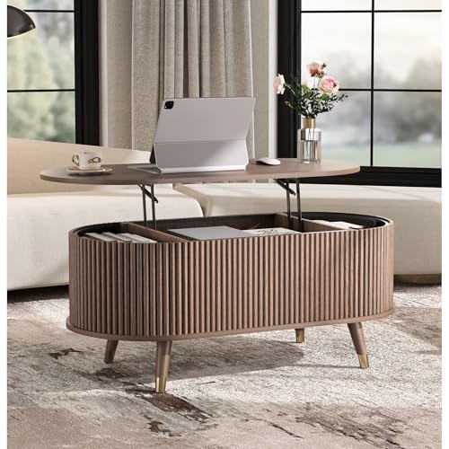 SULIVES Oval Coffee Table with Storage, Multifunctional Lift Top Drum Coffee Table, Small Fluted Center Table for Living Room, Walnut - color: Walnut_oval
