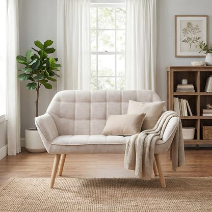 48”Small Loveseat Sofa, Modern Linen Upholstered Mini Couch 2-Seater Fluffy Love Seat with Quilting Backs and Wood Legs for Small Space Living Room, Bedroom, Beige - color: Oatmeal, size: Loveseat