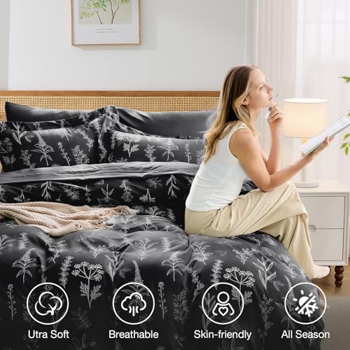 Black Full Comforter Set, Elegant Floral Print Bed in a Bag 7 Pieces, Ultra Soft & Breathable Reversible Botanical Pattern Bedding Set with Comforter, Sheets, Pillowcases, and Shams - color: Black Leaves, size: Full(82"x86")