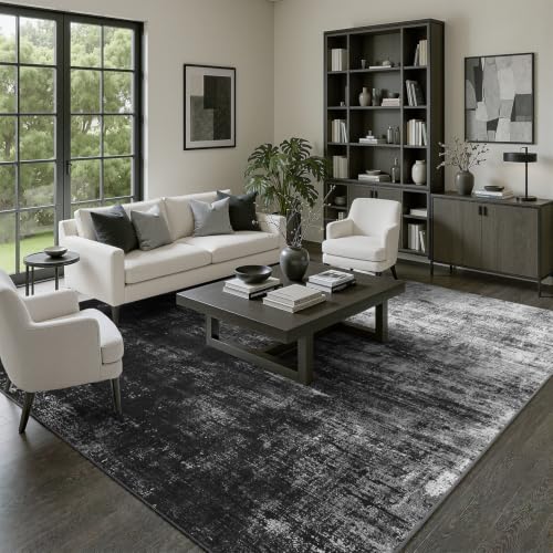 DCX Washable Abstract Area Rug 5x7, Non Slip Low Pile Rug, Black | Easy to clean, non-shedding, soft, kid & pet friendly, with a non-slip rubber backing for living rooms, bedrooms, and offices - color: Black, size: 5' x 7' (Rectangular)