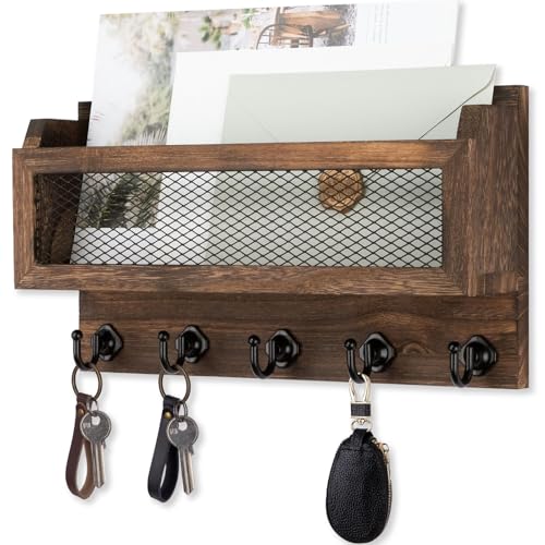 Nekon Mail and Key Holder for Wall Decorative, 11 Inch Mail Holder, Brown | Wooden Wall Key Organizer with 5 Key Hooks, Wall Mount Storage Shelf for Entryway Hallway - color: Brown