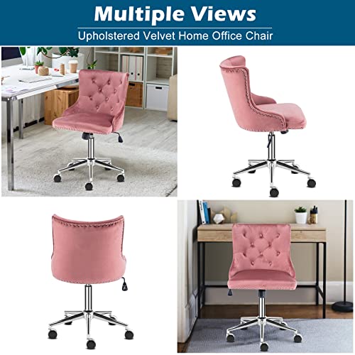 VINGLI Velvet Office Chair - Modern Upholstered Desk Chair with Adjustable Height, Tilting Mechanism, and Rolling Wheels - Pink - color: Pink