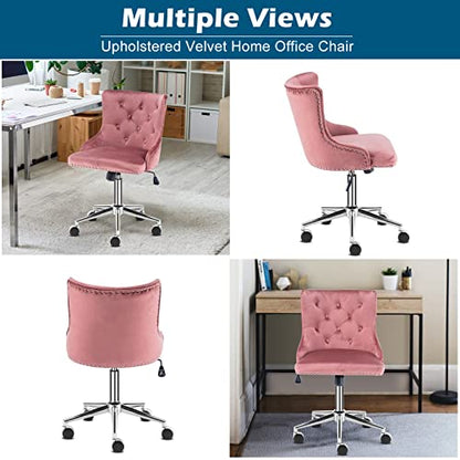 VINGLI Velvet Office Chair - Modern Upholstered Desk Chair with Adjustable Height, Tilting Mechanism, and Rolling Wheels - Pink - color: Pink