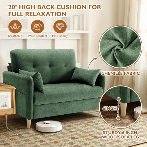 Urhanherry 47" Small Sofa Couch for Bedroom, Soft Chenille loveseat Mini Couch with Throw Pillow and Removable Cushion Cover for Small Spaces, Living Room, Apartment, Dorm, Office(Green) - color: Green