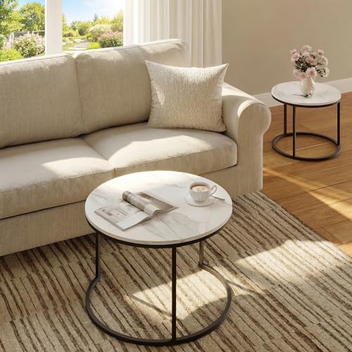 Round Coffee Tables for Living Room，Set of 2 (Marble) | living room side table, Modern Nesting Drink for Small Spaces - color: Marble