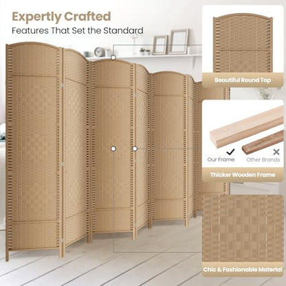 8 Panel Folding Room Divider,Woven Privacy Screen,Light Beige | Solid wood frame, handcrafted diamond pattern, 6FT tall, extends to 126 inches wide, no assembly required - color: Light Beige, size: 8-Panel
