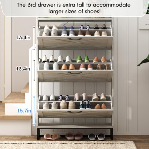 Maupvit Shoe Storage Cabinet with 3 Flip Drawers, Freestanding Organizer with Metal Legs for Entryway, Narrow Shoe Rack Cabinet, Beige - color: Beige, style: 3-Drawers