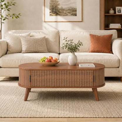 Oval Lift Top Coffee Table with Storage, 47.2" Mid Century Modern Fluted Coffee Table with Sliding Tambour Doors & Hidden Compartment, for Living Room Home Office, Walnut - color: Walnut Oval