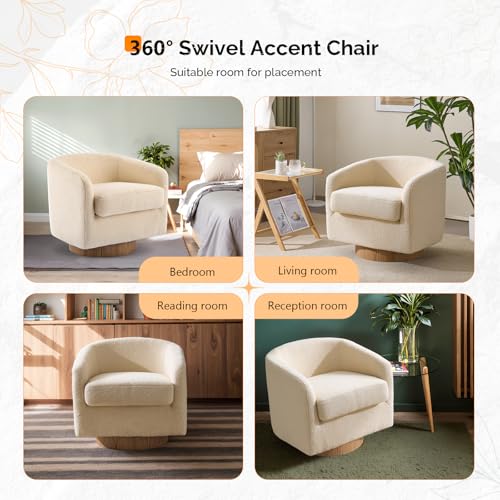 VINGLI 360°Swivel Accent Chairs Set of 2 with Engineered Wood Base and Removable Cushion for Living Room, Bedroom, Curved Back Barrel Chairs for Small Space, Upholstered Bucket Armchairs, Teddy Khaki - color: Teddy-khaki