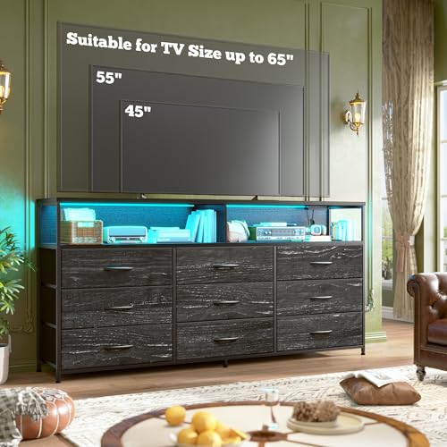55" W Dresser for Bedroom with 9 Drawers LED, Power Outlets Fits 65" TV | TV Stand for 45, 55, 65 Inch TV Sturdy Long Chest of Drawers with Extra 2 Wooden Shelves Steel Frame Grain Black - color: Grain Black
