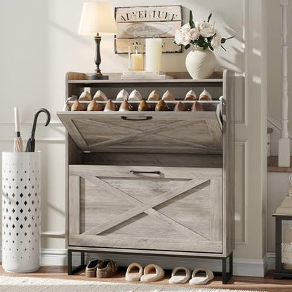 Maupvit Shoe Cabinet with 2 Flip Drawers, Freestanding Shoe Cabinet Organizer with Metal Legs, Shoes Storage Cabinet for Entryway, Narrow Shoe Rack Cabinet, Washed Gray - color: Washed Gray, style: 2-Drawers